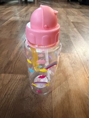 16 oz Pink Lid Water Bottle with Rainbow and Cloud Design